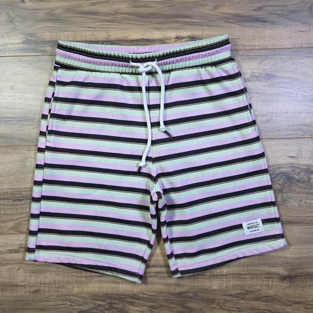WeSC Marty Pink Green Stripe Fleece Shorts Mens S Womens M